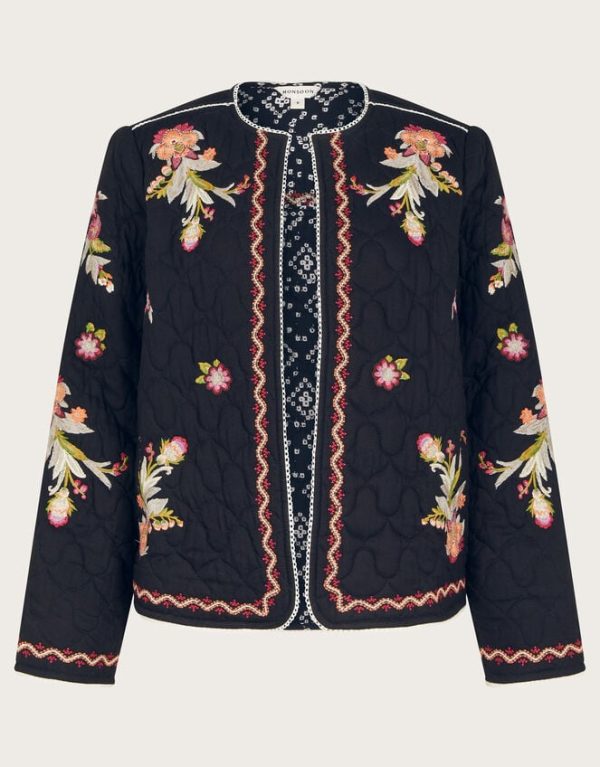 Monsoon Elisha Floral Embroidered Quilted Jacket Black - Image 5