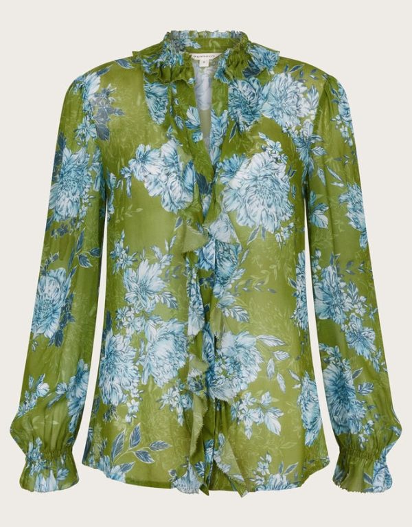 Monsoon Eva Floral Ruffle Blouse Green - Image 6