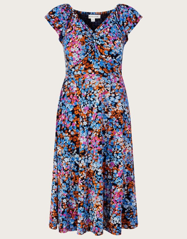 Monsoon Twist Detail Ditsy Print Jersey Dress Blue - Image 5