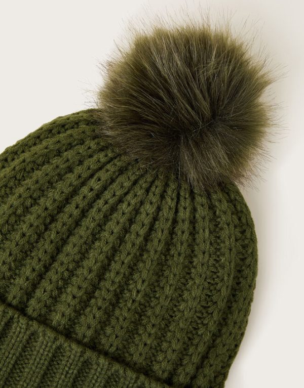 Monsoon Lilia Ribbed Faux Fur Bobble Hat Green - Image 2