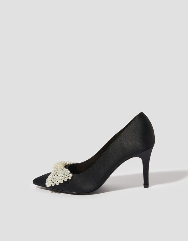 Monsoon Pearl Bow Satin Court Shoes Black - Image 2