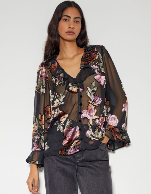 Monsoon Ariella Floral Devore Blouse Black