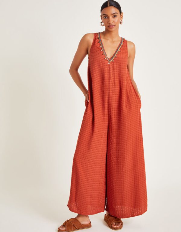 Monsoon Hazel Embellished Wide Leg Jumpsuit Orange