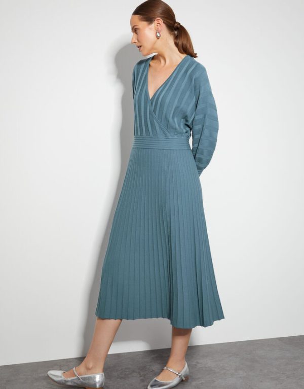 Monsoon Wynn Knit Wrap Midi Dress Blue