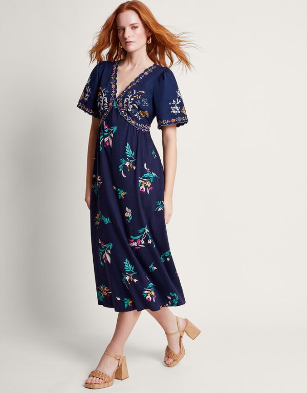 Monsoon Maya Floral Embroidered Midi Dress Blue