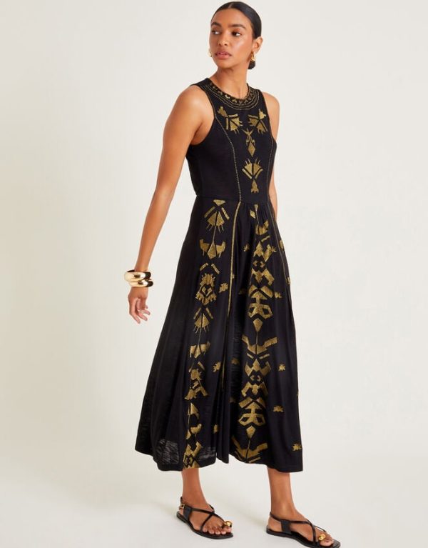 Monsoon Mimi Metallic Embroidered Midi Dress Black