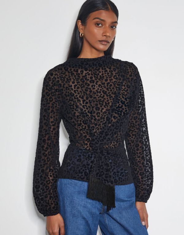 Monsoon Deb Devoré Leopard Print Sheer Top Black