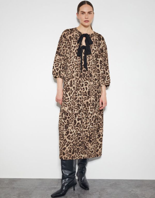 Monsoon Archie Tie-Front Leopard Print Midi Dress Brown