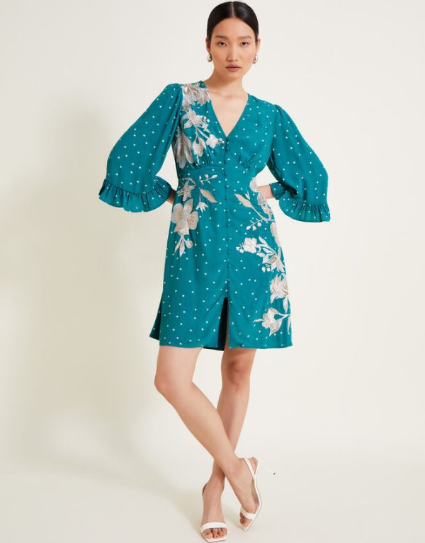 Monsoon Clea Spot Print Embroidered Dress Teal