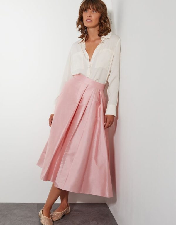 Monsoon Tanya Taffeta Pleated Midi Skirt Pink