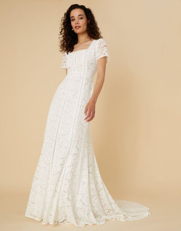 Monsoon Kim Square Neck Lace Bridal Dress Ivory