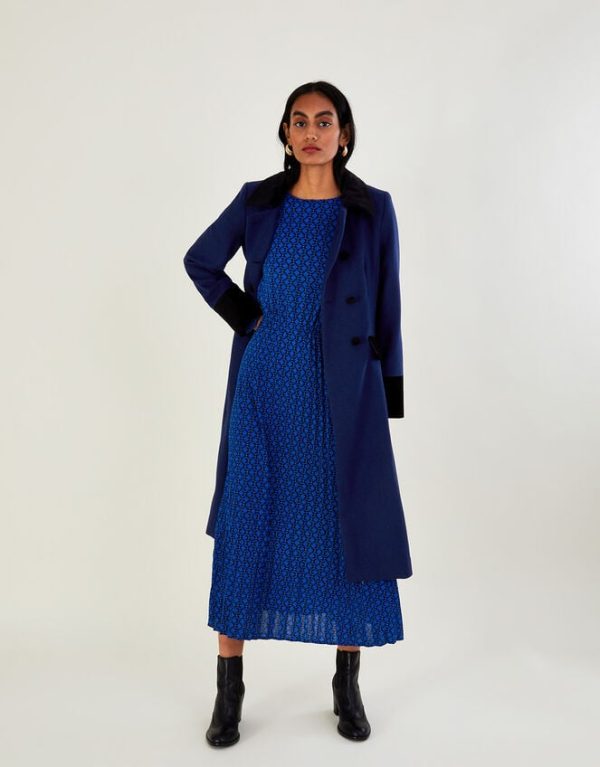 Monsoon Velvet Trim Skirted Coat Blue