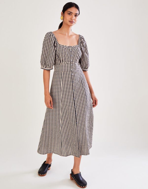 Monsoon Check Print Button Through Midi Dress Brown