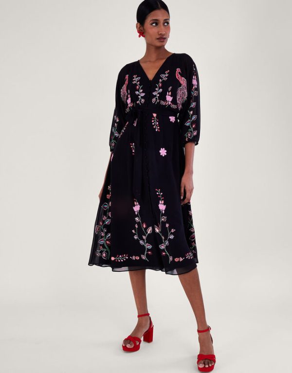 Monsoon Tina Embroidered Wrap Dress Black