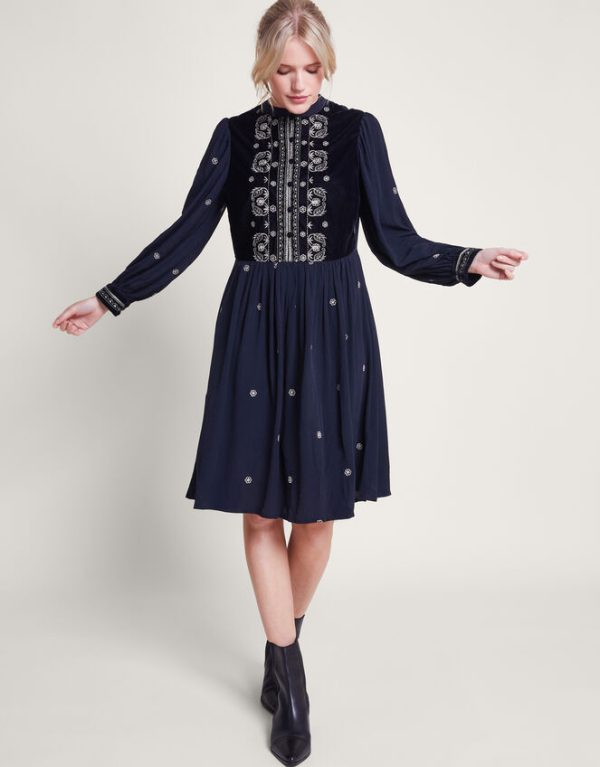 Monsoon Payton Embroidered Bib Mini Dress Blue