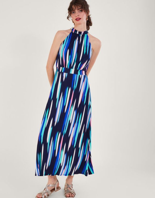 Monsoon Holly Print Halter Neck Maxi Dress Blue