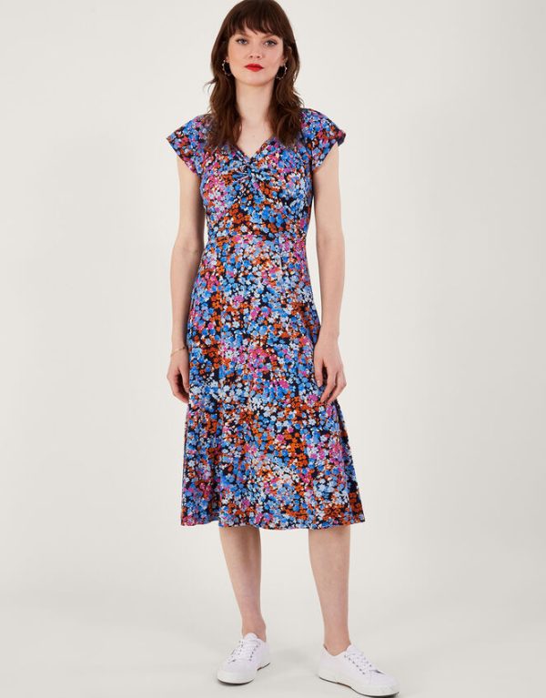 Monsoon Twist Detail Ditsy Print Jersey Dress Blue