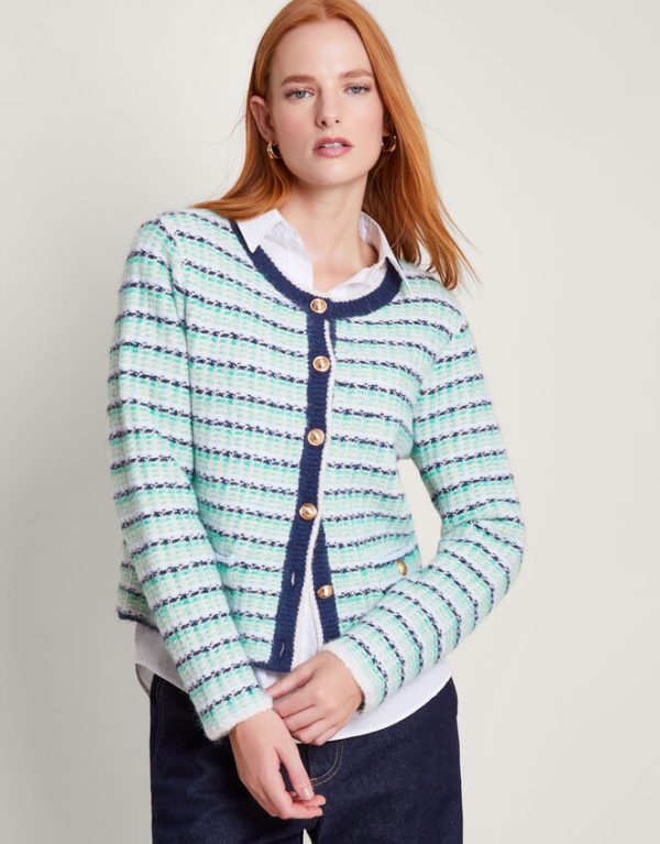 Monsoon Round Neck Stripe Cardigan Green