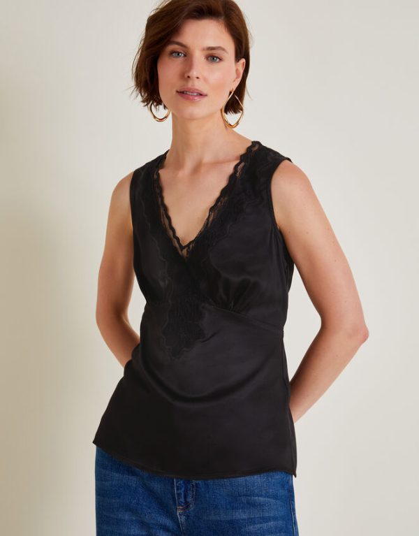 Monsoon Carly Satin Lace Cami Top Black - Image 2