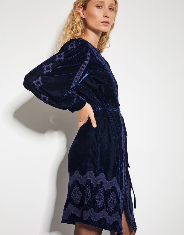 Monsoon Ivy Embroidered Velvet Mini Dress Blue - Image 2