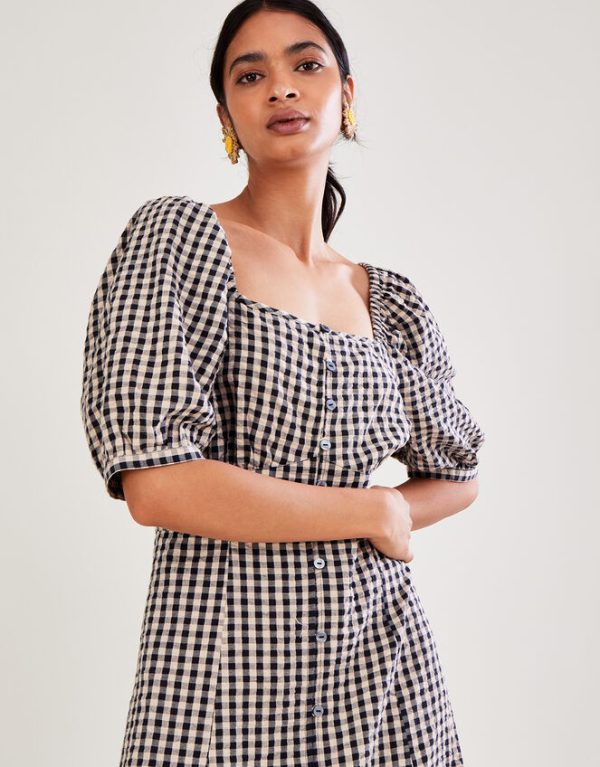 Monsoon Check Print Button Through Midi Dress Brown - Image 2