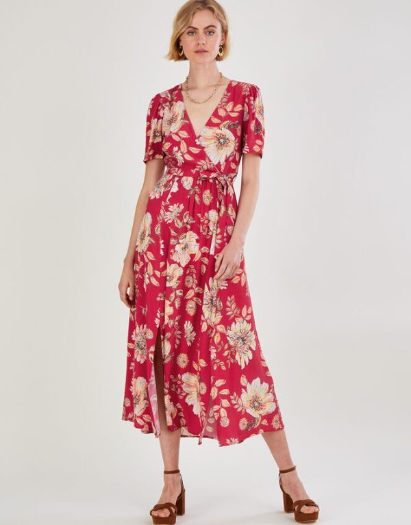 Monsoon Bex Sequin Floral Wrap Dress Red - Image 3