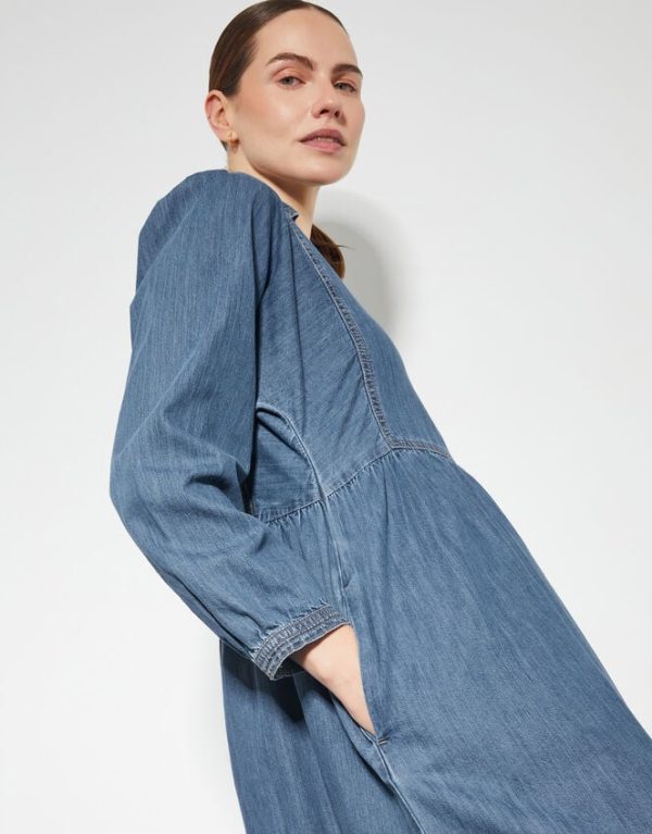 Monsoon Wilma Long Sleeve Denim Midi Dress Blue - Image 3