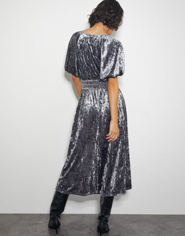 Monsoon Valle Puff Sleeve Velvet Midi Dress Grey - Image 3