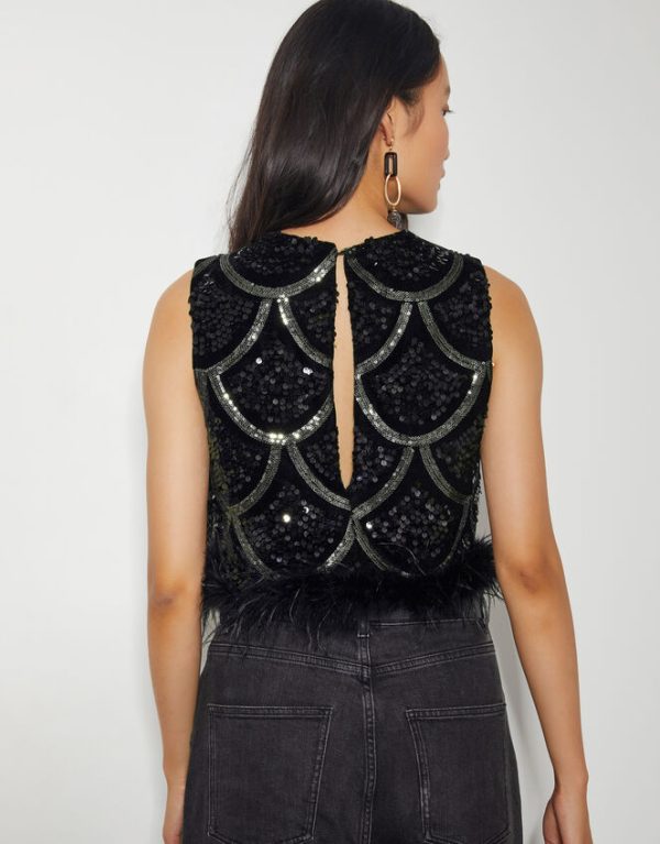 Monsoon Sira Sleeveless Sequin Feather Top Black - Image 3