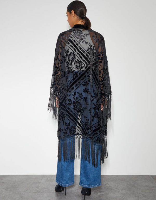 Monsoon Darcy Fringe Floral Devore Kimono Black - Image 3