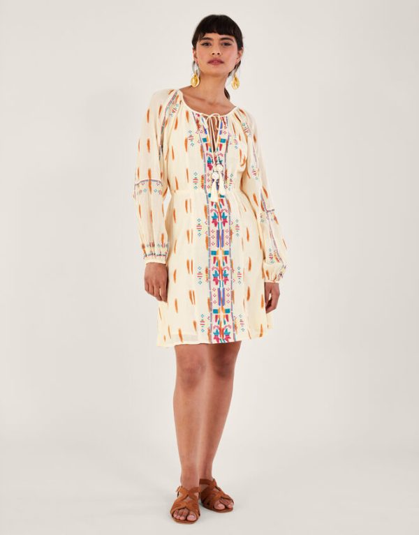 Monsoon Aztec Print and Embroidered Short Dress Ivory - Image 2