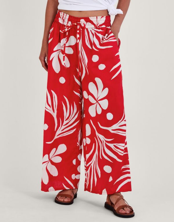 Monsoon Wide Leg Palm Print Trousers Red - Image 2