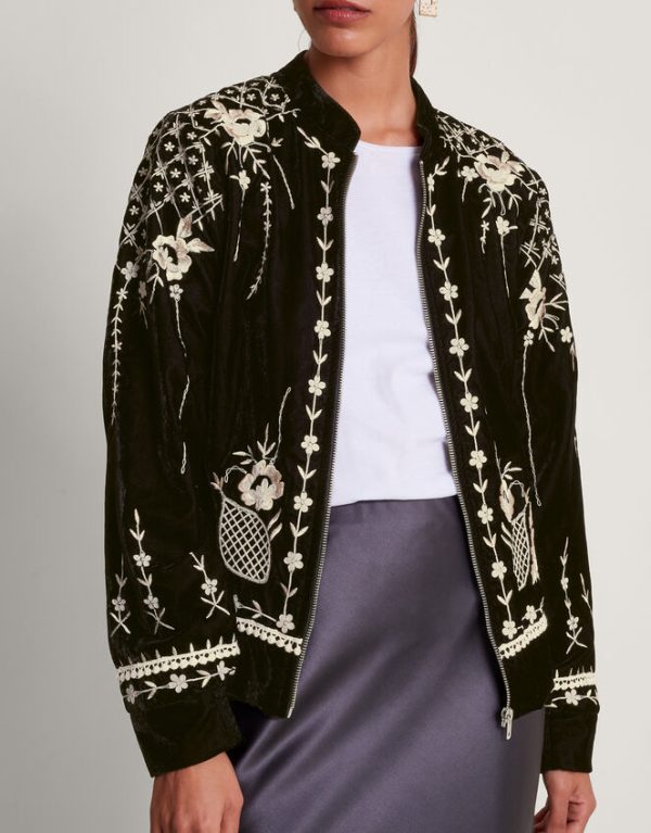 Monsoon Hadley Embroidered Velvet Bomber Jacket Black - Image 2