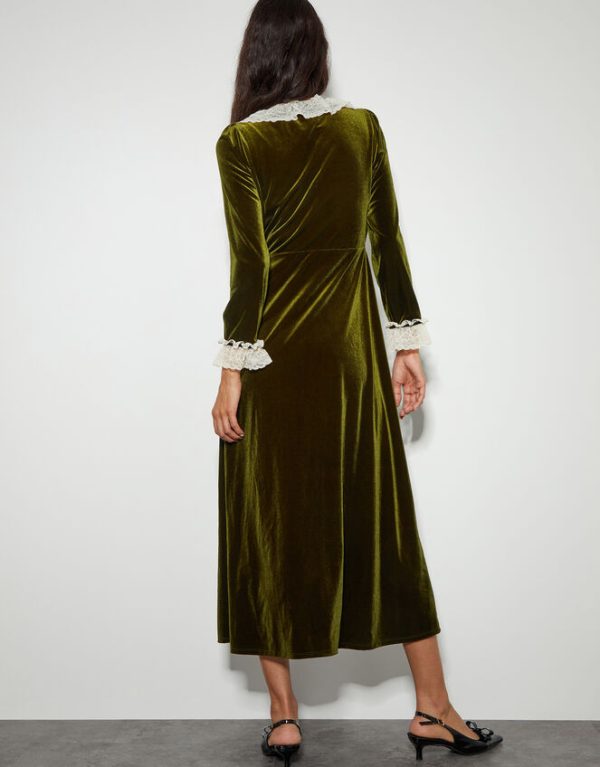 Monsoon Vali Velvet Tea Dress Green - Image 3