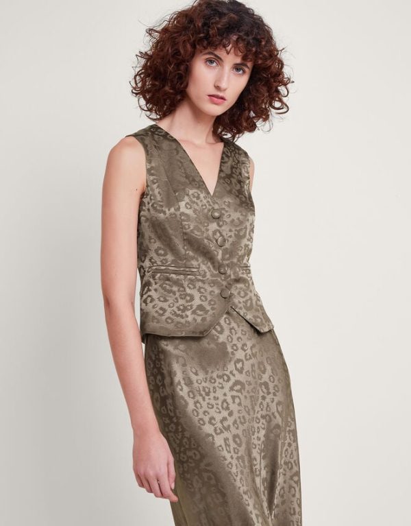 Monsoon Amelia Print Satin Waistcoat Brown - Image 3