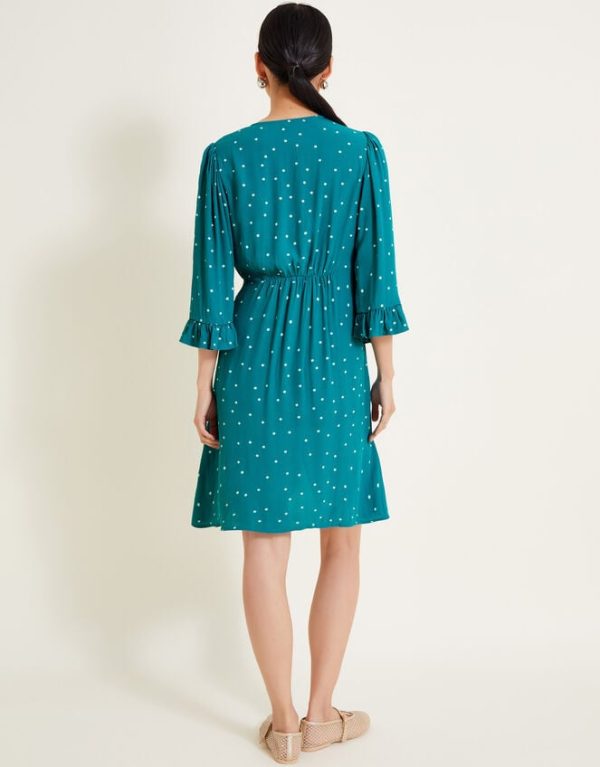 Monsoon Clea Spot Print Embroidered Dress Teal - Image 4