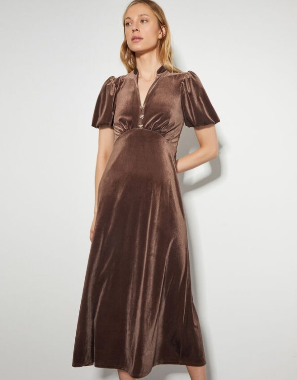 Monsoon Veronique Velvet Bow Midi Dress Brown - Image 4