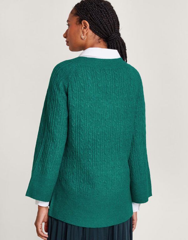 Monsoon V-Neck Cable Longline Jumper Green - Image 3