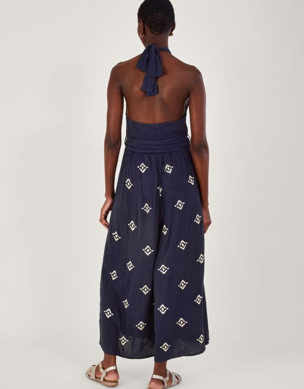 Monsoon Embroidered Motif Halter Neck Jumpsuit Blue - Image 3