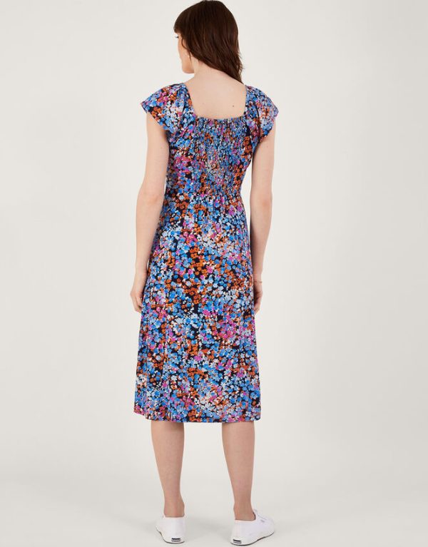 Monsoon Twist Detail Ditsy Print Jersey Dress Blue - Image 3