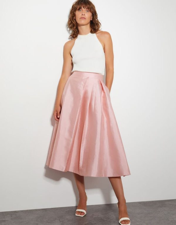 Monsoon Tanya Taffeta Pleated Midi Skirt Pink - Image 5