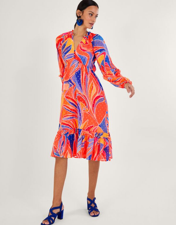 Monsoon Ariel Print Tiered Dress Orange - Image 5