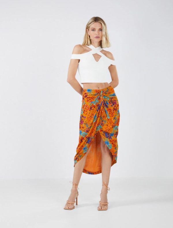 BCBG THERESA HIGH-LOW SKIRT - GOLDEN OAK COMBO