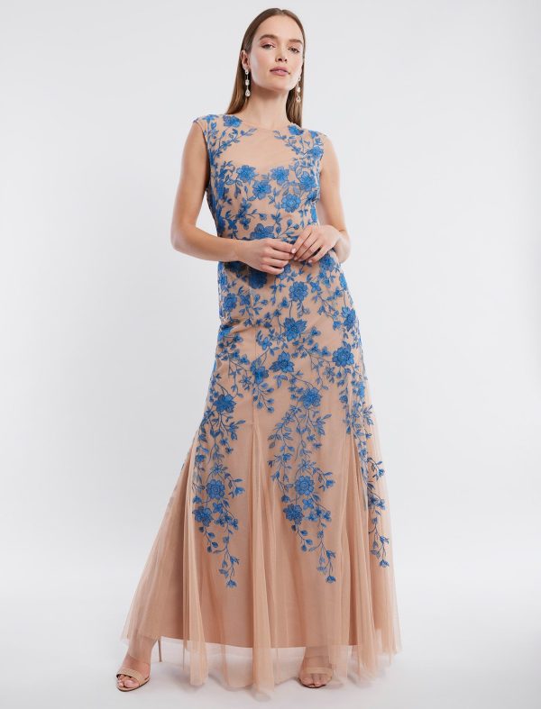 BCBG VERONIQUE SHEER LACE EVENING GOWN - FRENCH BLUE COMBO