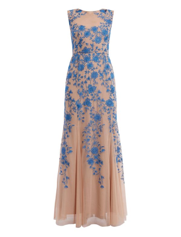 BCBG VERONIQUE SHEER LACE EVENING GOWN - FRENCH BLUE COMBO - Image 6