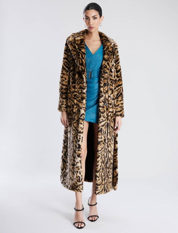 Bcbg Belted Leopard Faux Fur Full Length Coat