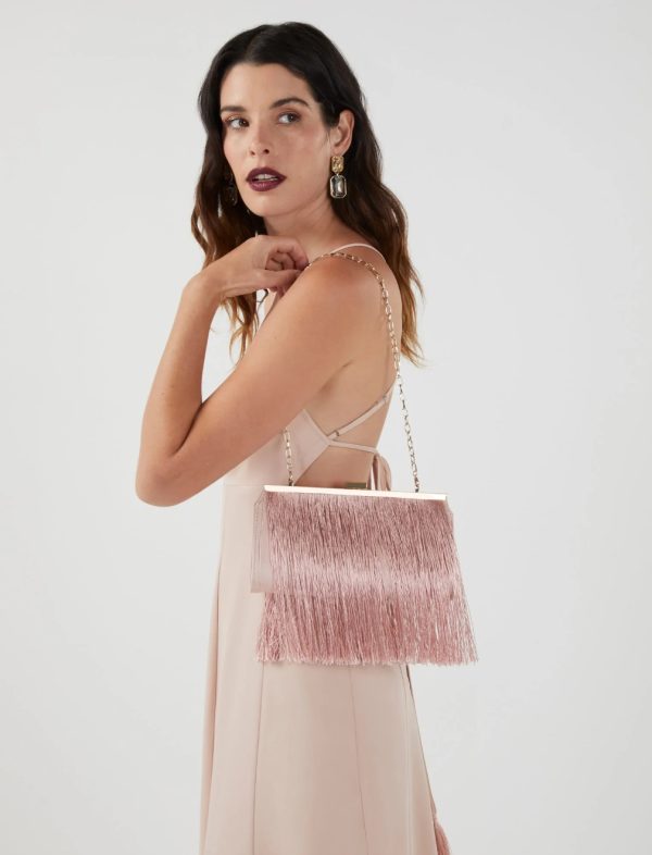 BCBG CARLA FRINGE FRAME CLUTCH - BARE PINK