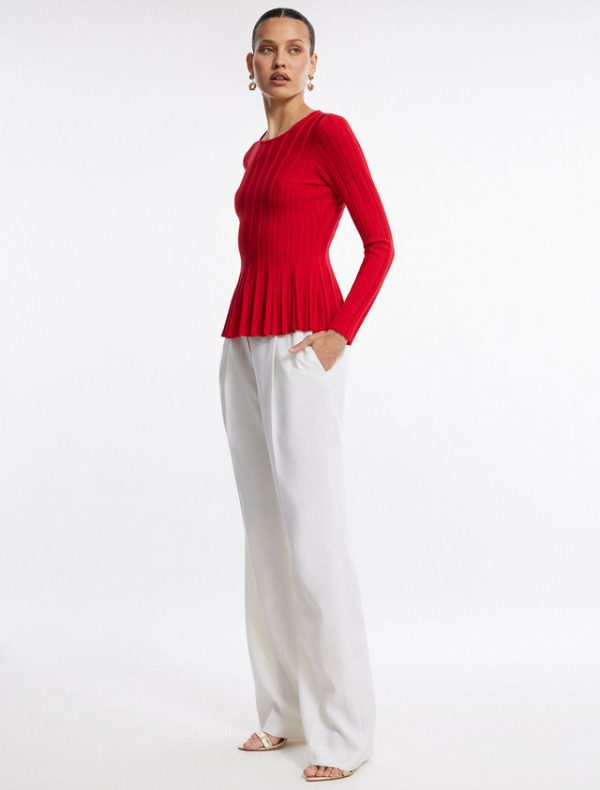 Bcbg Long Sleeve Rib Peplum Knit Top Fiery Red - Image 3