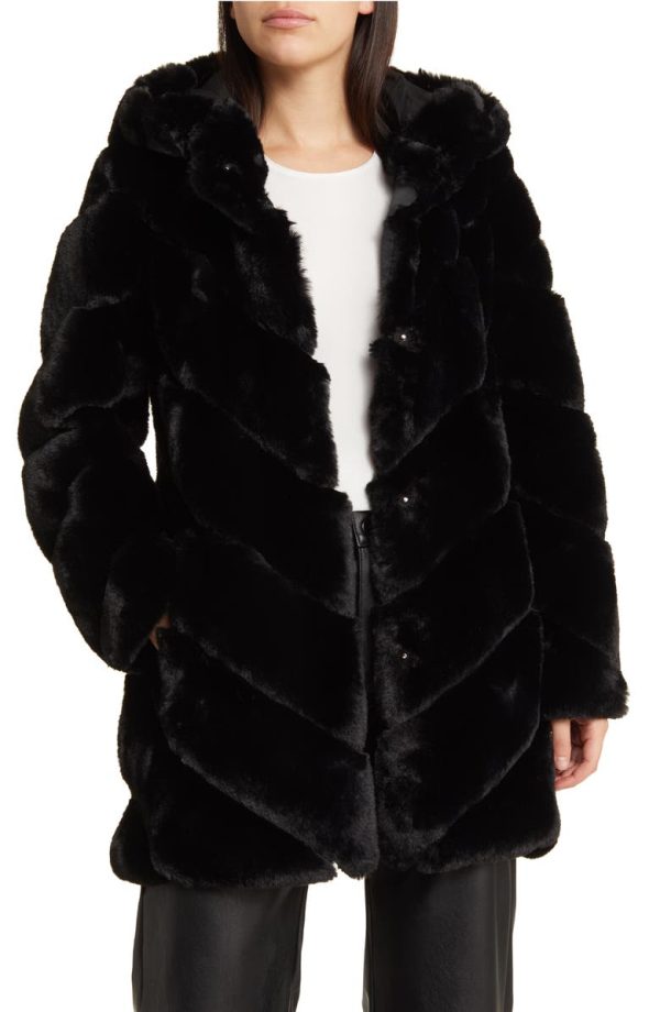 Bcbg Chevron Faux Fur Hooded Jacket Black - Image 4