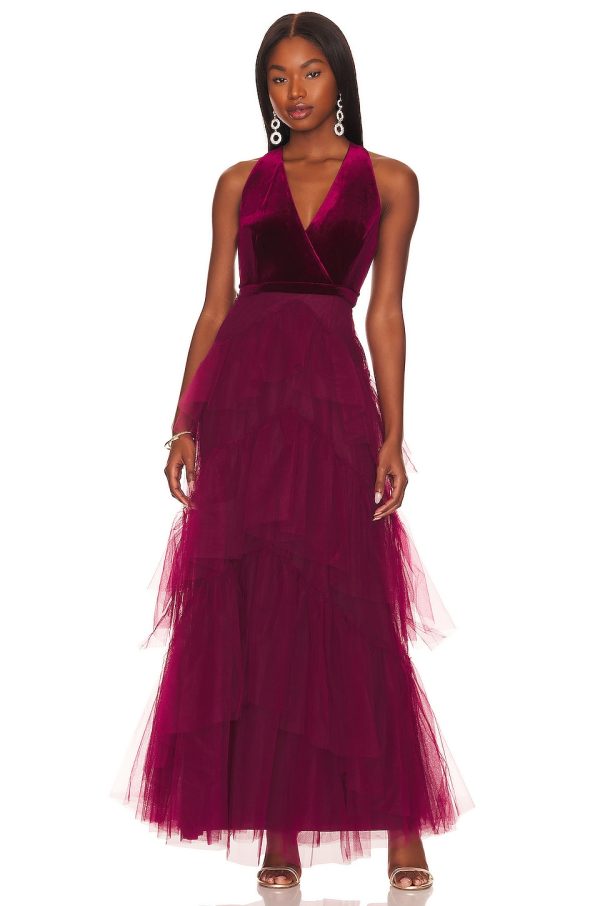 Bcbg Velvet Ruffle Gown Cabernet